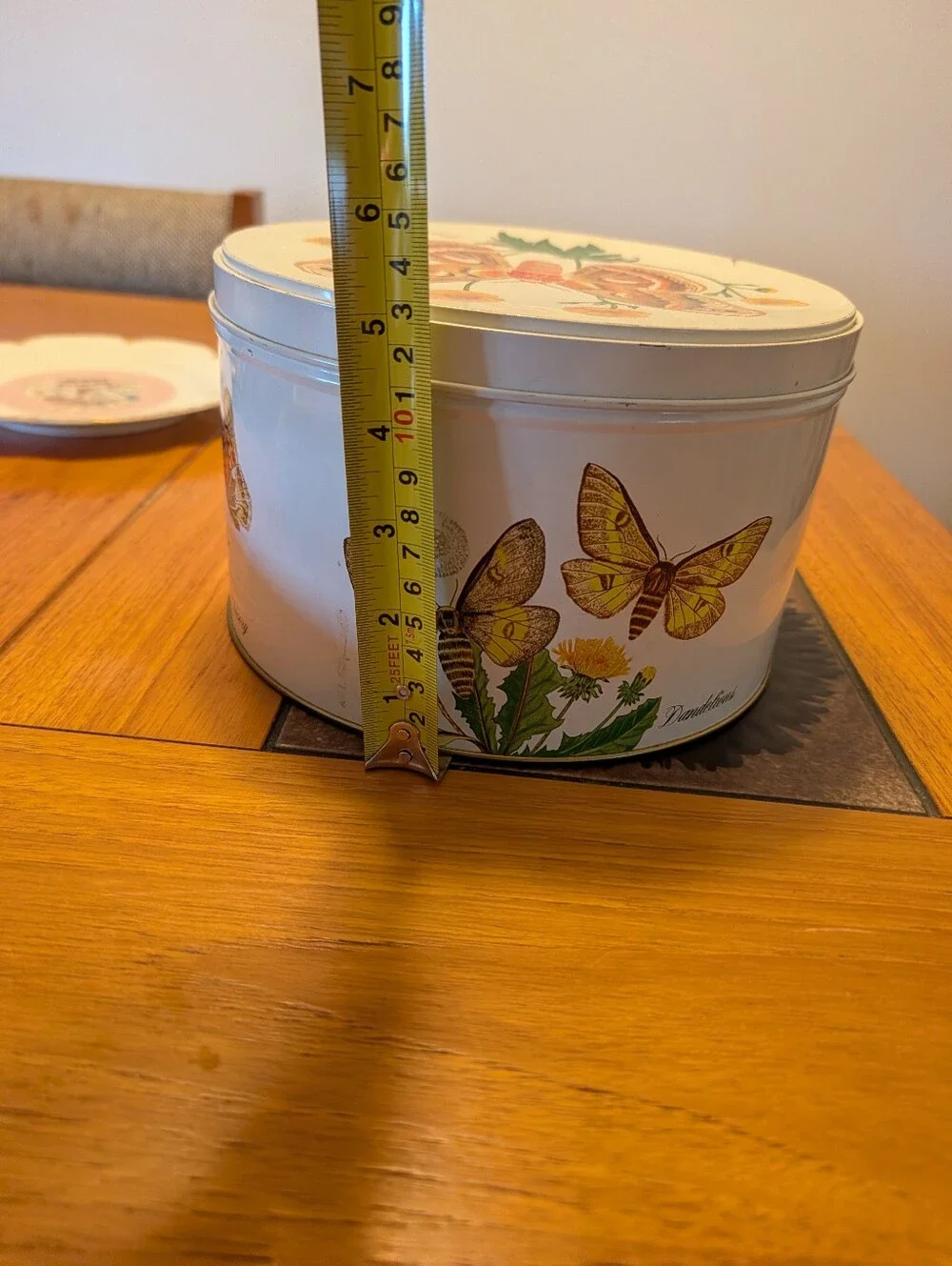 Vintage 80s Round Metal Butterfly Wildflower Circular Tin Botanical Floral Retro